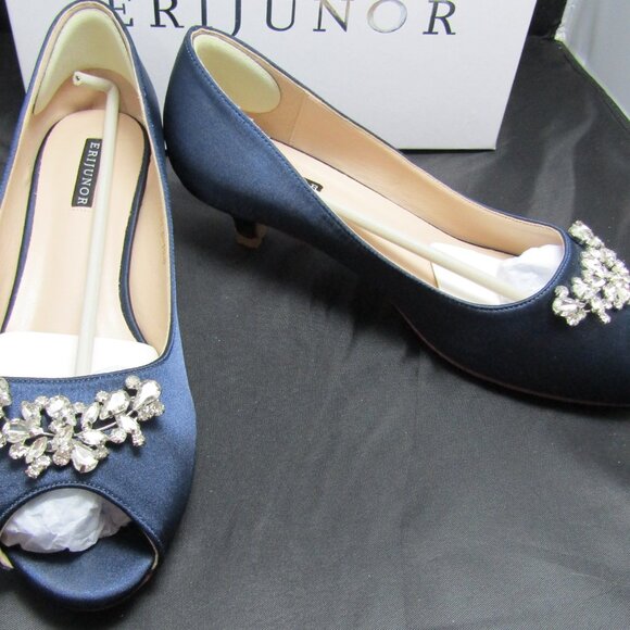 Erijunor Peep Toe Heels Size 10.5 Navy Satin Rhinestone Wedding Evening - Picture 2 of 5